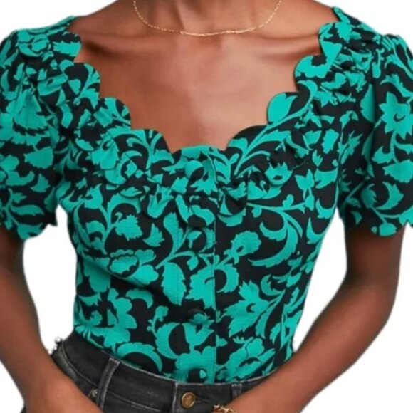 Maeve Tops - Maeve by Anthropologie Green Black Floral Scalloped Edge Top Assey Blouse Size 6